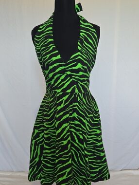 Sourpuss Neon Green and Black Zebra Print Tie Halter Dress L